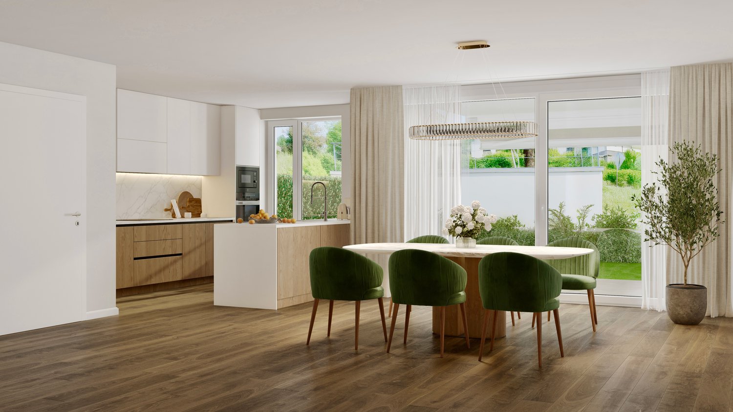 dining area with table and chairs, kitchen with island, marble countertops, white cupboards, large windows, chandelier, floor