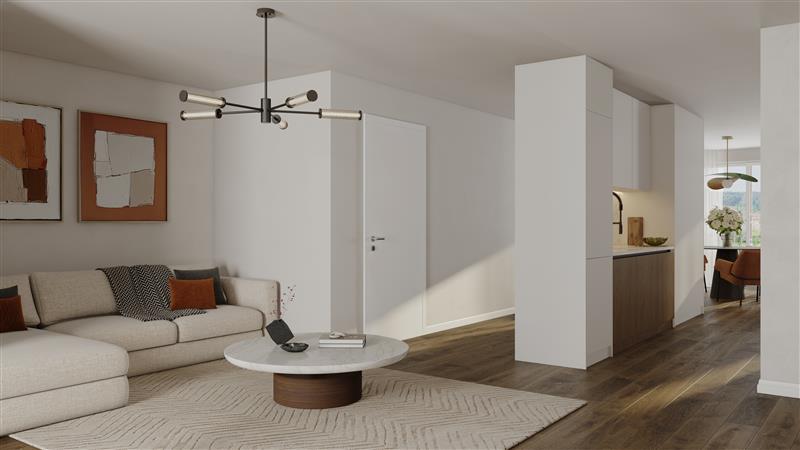 modern minimalist design, white walls, hardwood floors, open concept, living room with a couch and coffee table, dining area with a round table, modern chandelier, open kitchen, artwork on the wall