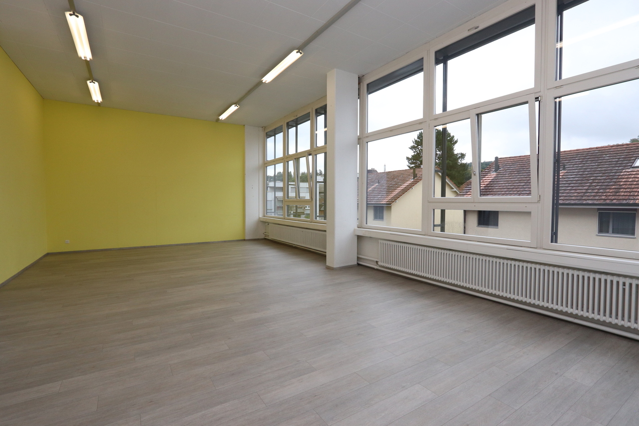Yellow wall, white ceiling, hardwood floor, double height, multiple large windows, heater underneath the windows