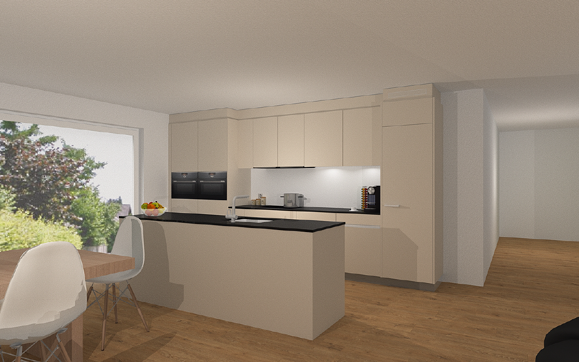 Modern kitchen with island, black countertop, white cabinets, ovens, dining table, wooden floor