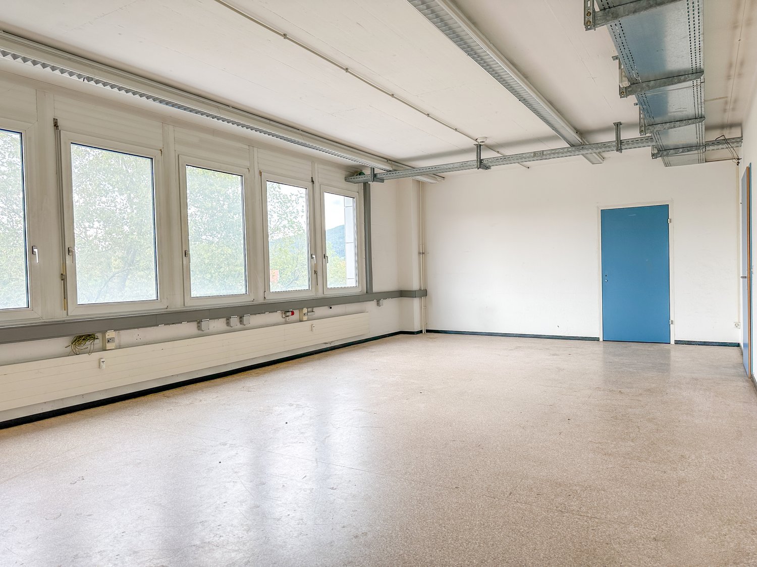 Empty room with white walls, beige floor, large windows, blue door, metal beams on ceiling