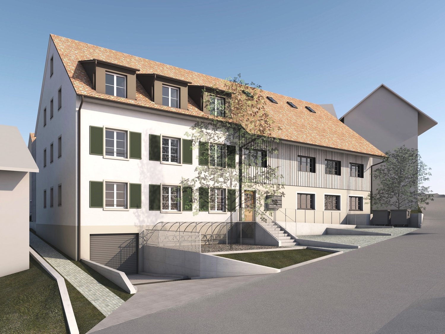 4 story house, brick, green shutters, brown roof, 2 garages, paved driveway