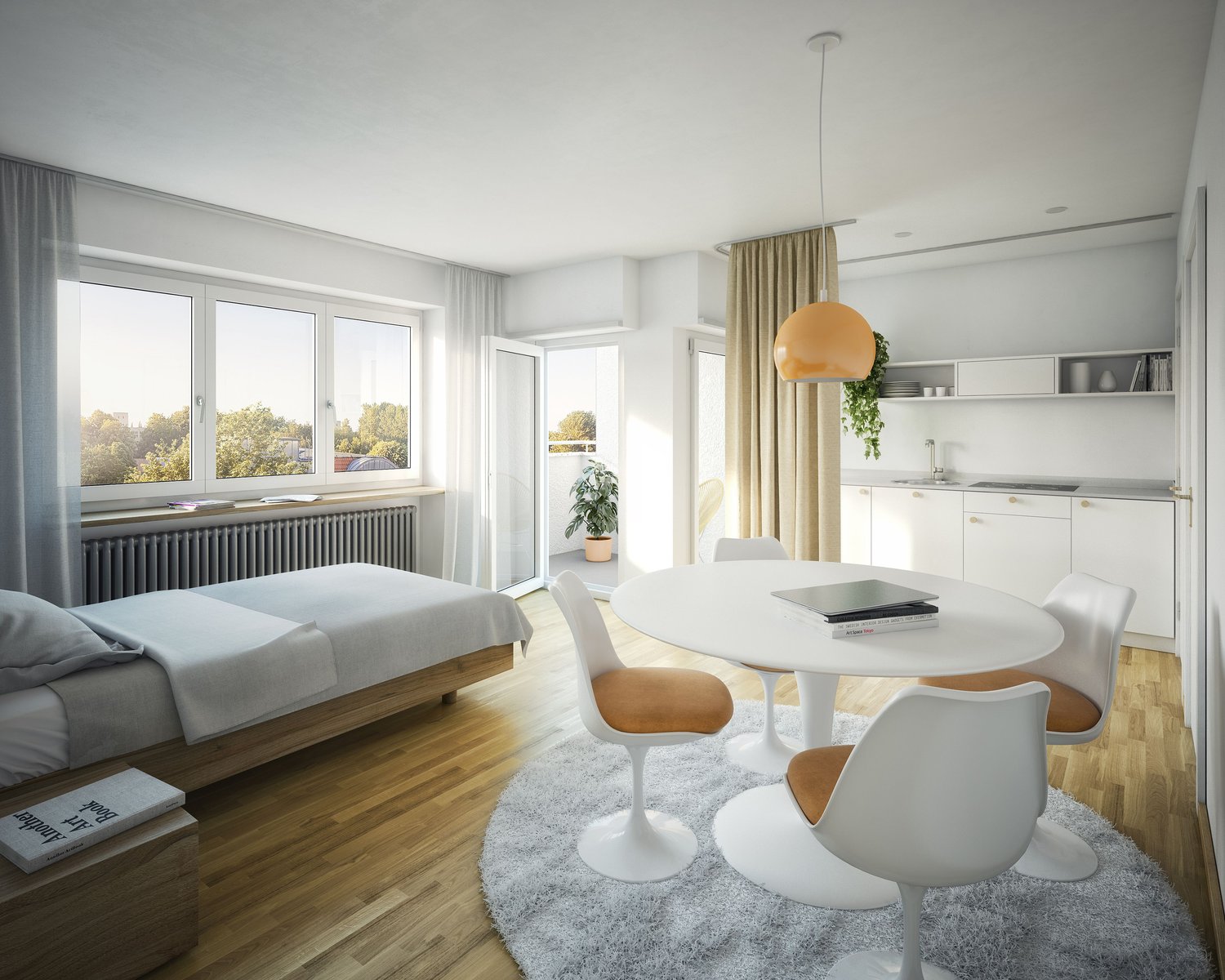 modern room, open balcony, white walls, wooden floor, round table with chairs, white and brown cushion