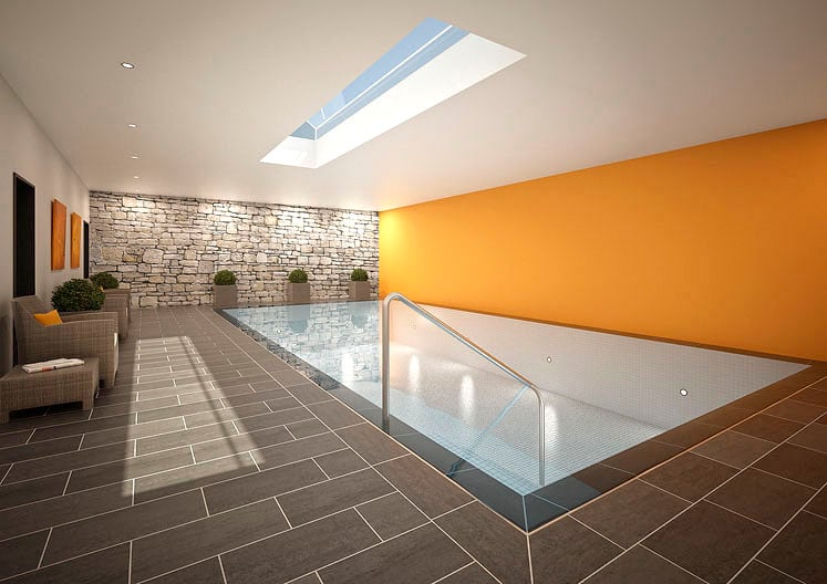 Swimming pool, lounge chairs, plants, skylight, stone wall