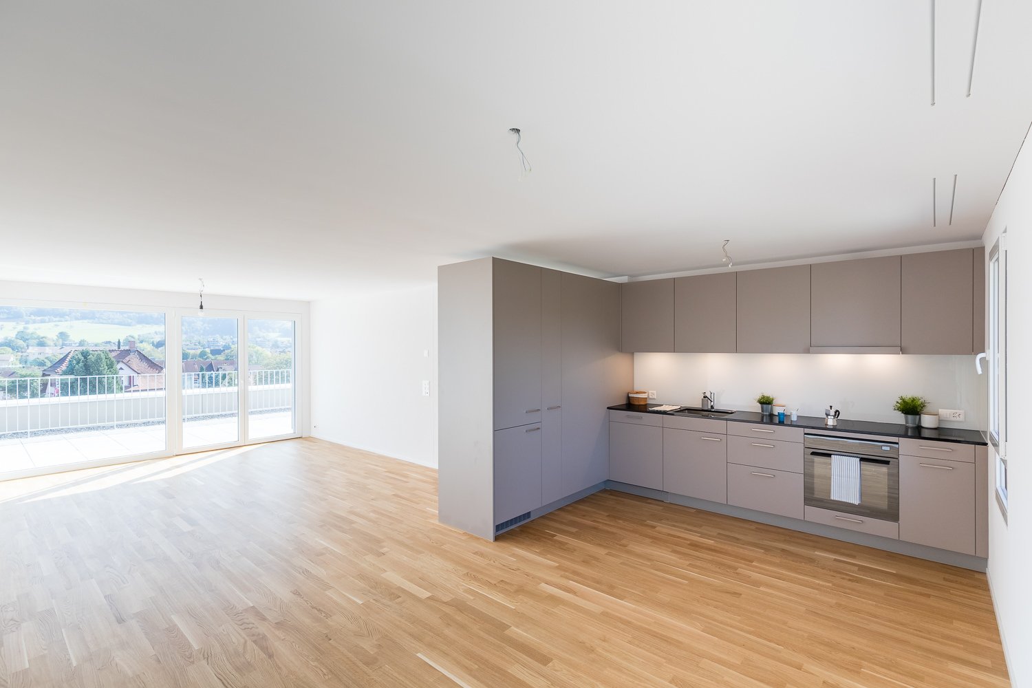 Wooden floor, open kitchen design, island countertop, balcony access