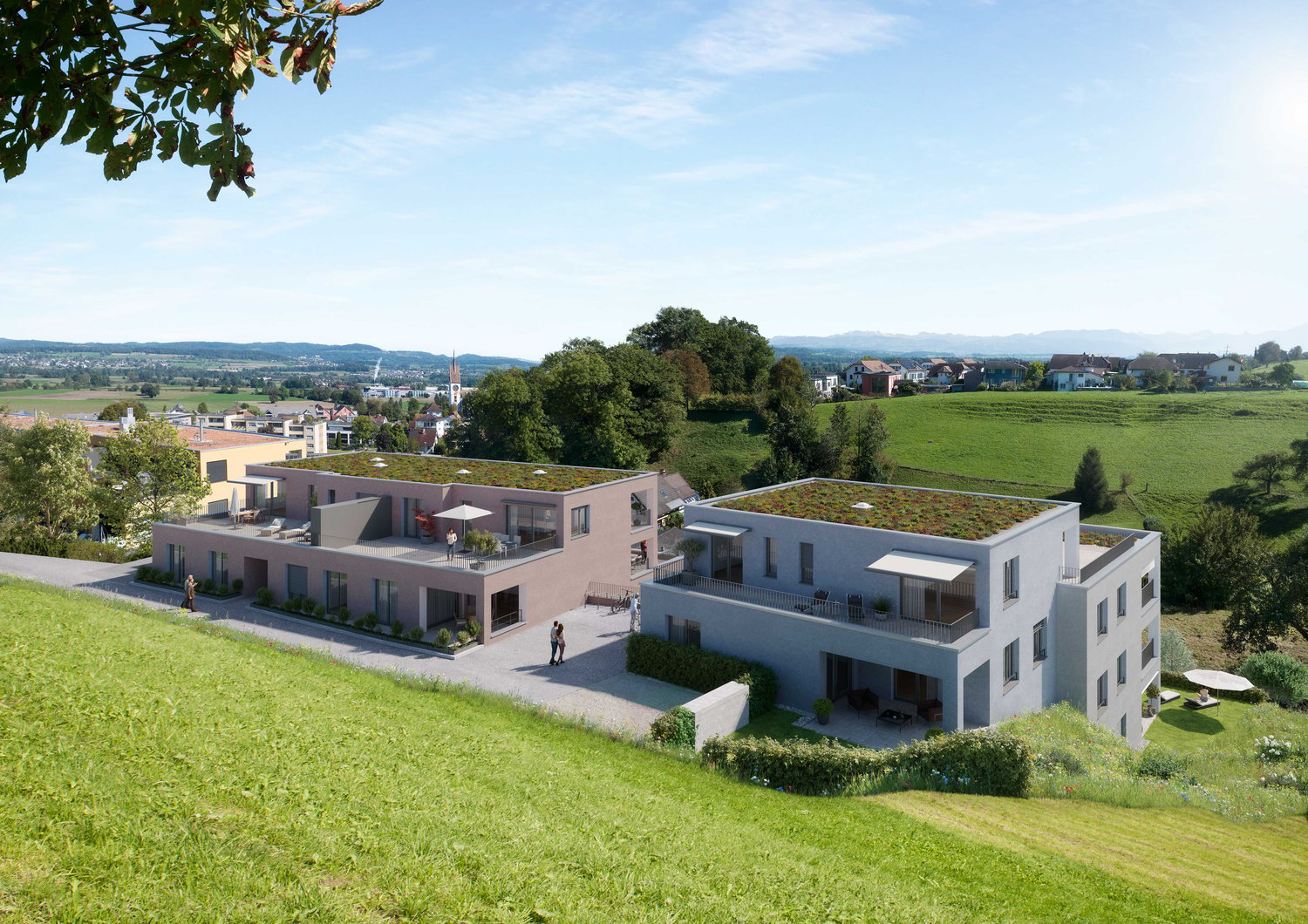 Two-story house, green roof, balcony, garden, green lawn, green field, trees, mountains in the distance