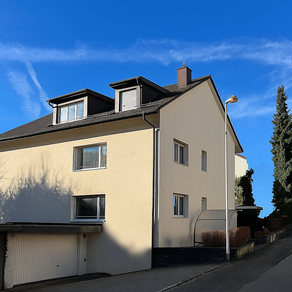 A beige two-story house with a garage on the left side.