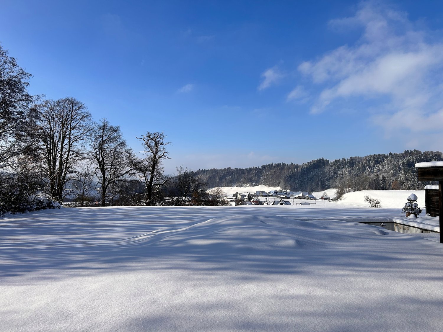 Snow covered field with small village in the distance