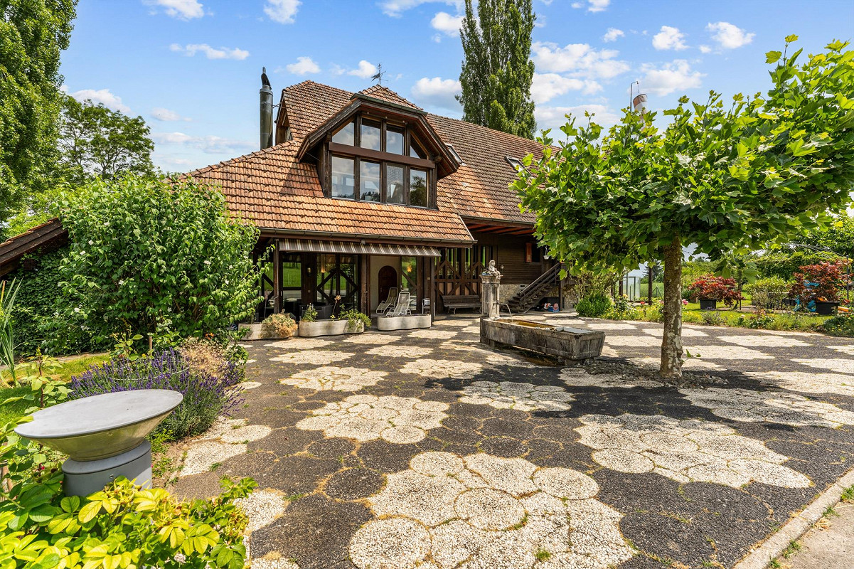 Country house, brown roof, brick walls, large windows, terrace with chairs, fountain, pathway, garden with plants and trees
