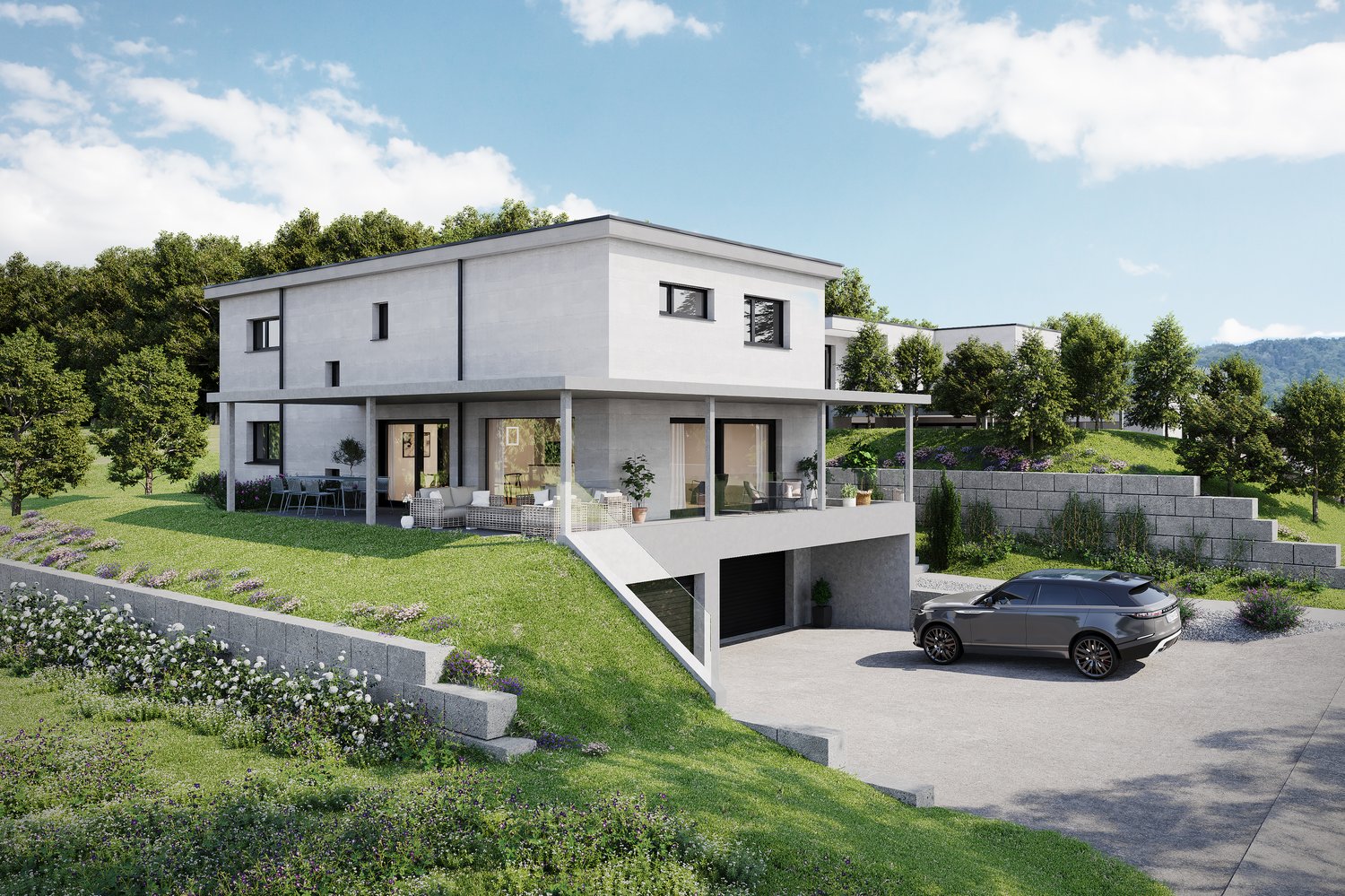 Modern two-story house, white exterior, large windows, raised ground floor, garage, outdoor seating area, landscaped garden