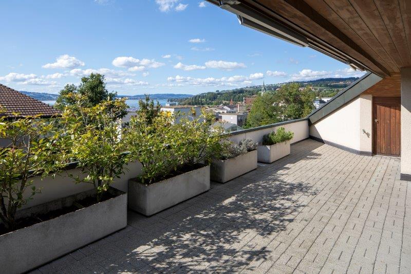 terraced area with plants, brick paved floor, view of town and lake