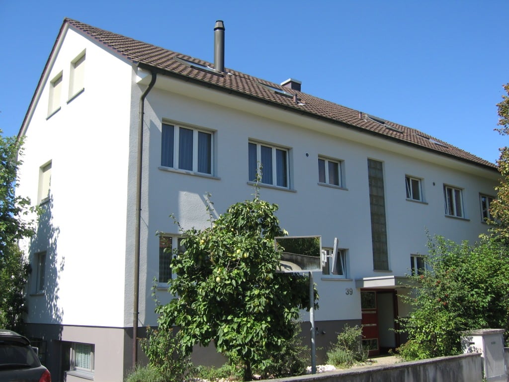 White house with brown roof, 3 stories, several windows, brown door, small garden, plants