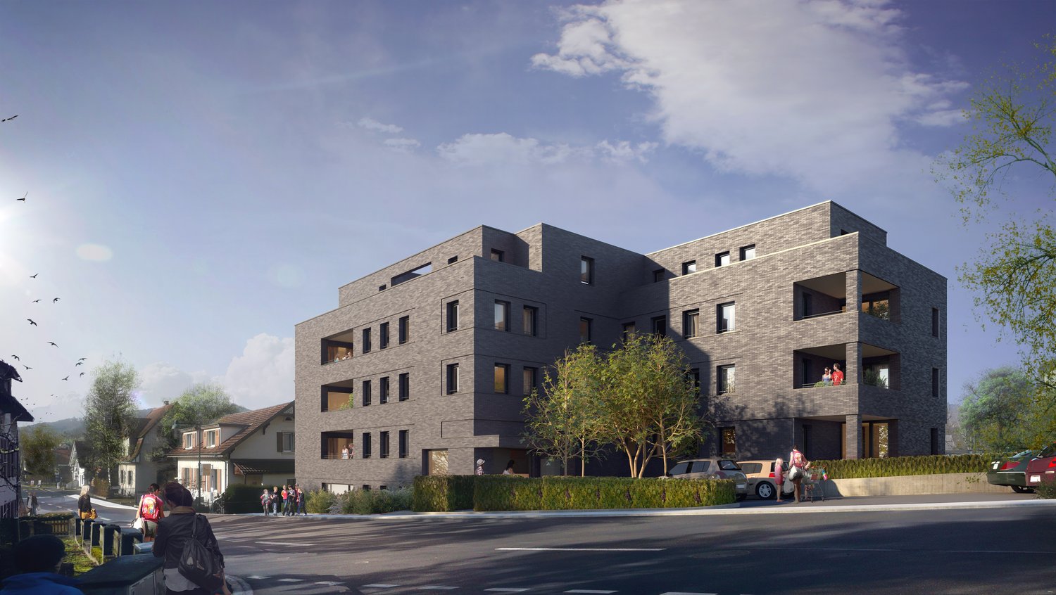 Multi-story apartment building, balconies on upper floors, modern architecture, car parked at entrance