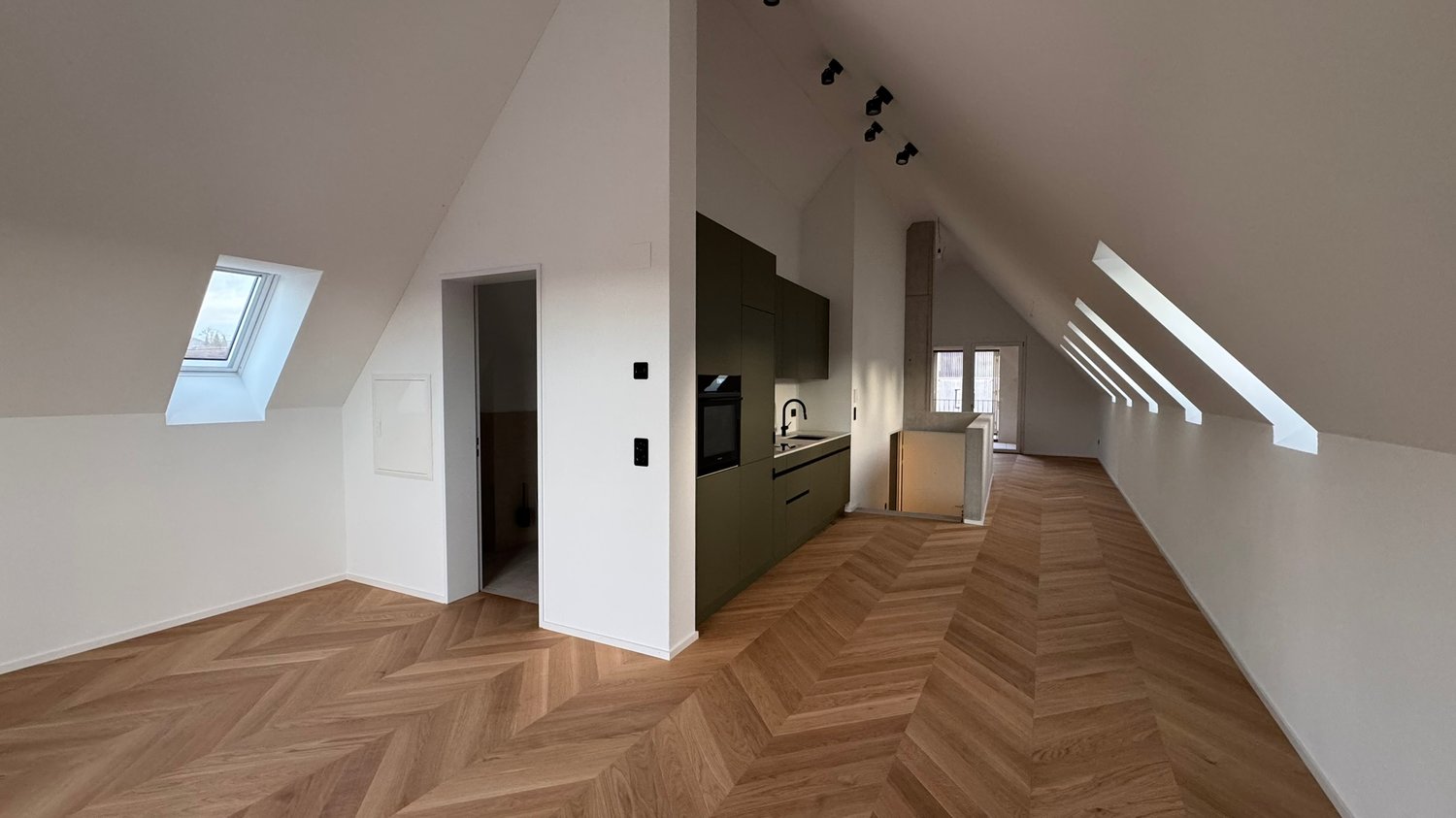 Wooden floor, white walls, open kitchen, sink, faucet, overhead lights, door, skylight