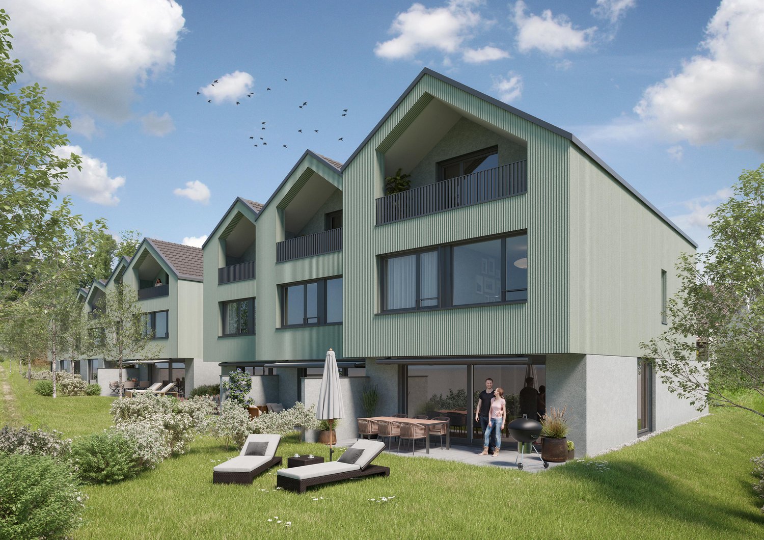 3 story building, green walls, brown roof, outdoor terrace, lounge chairs, dining table, grill