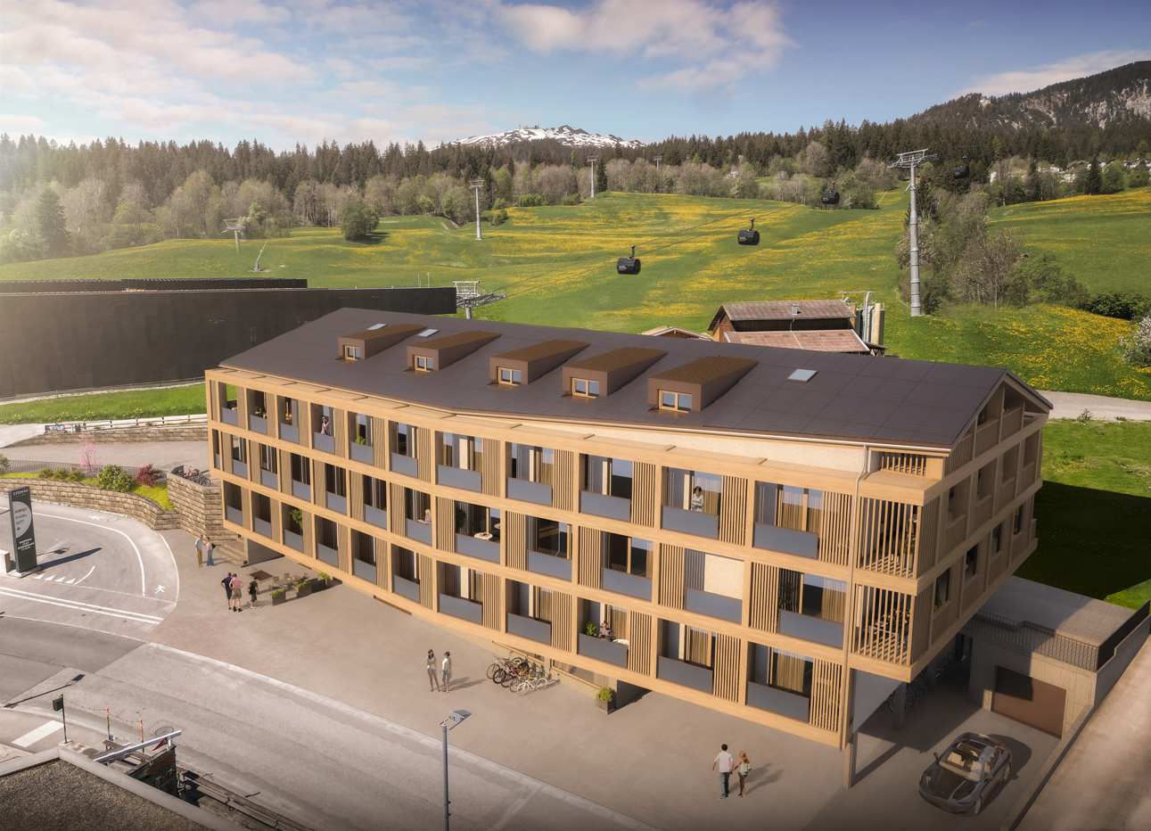 multi-story building with balconies, modern design, situated on slope with ski lift