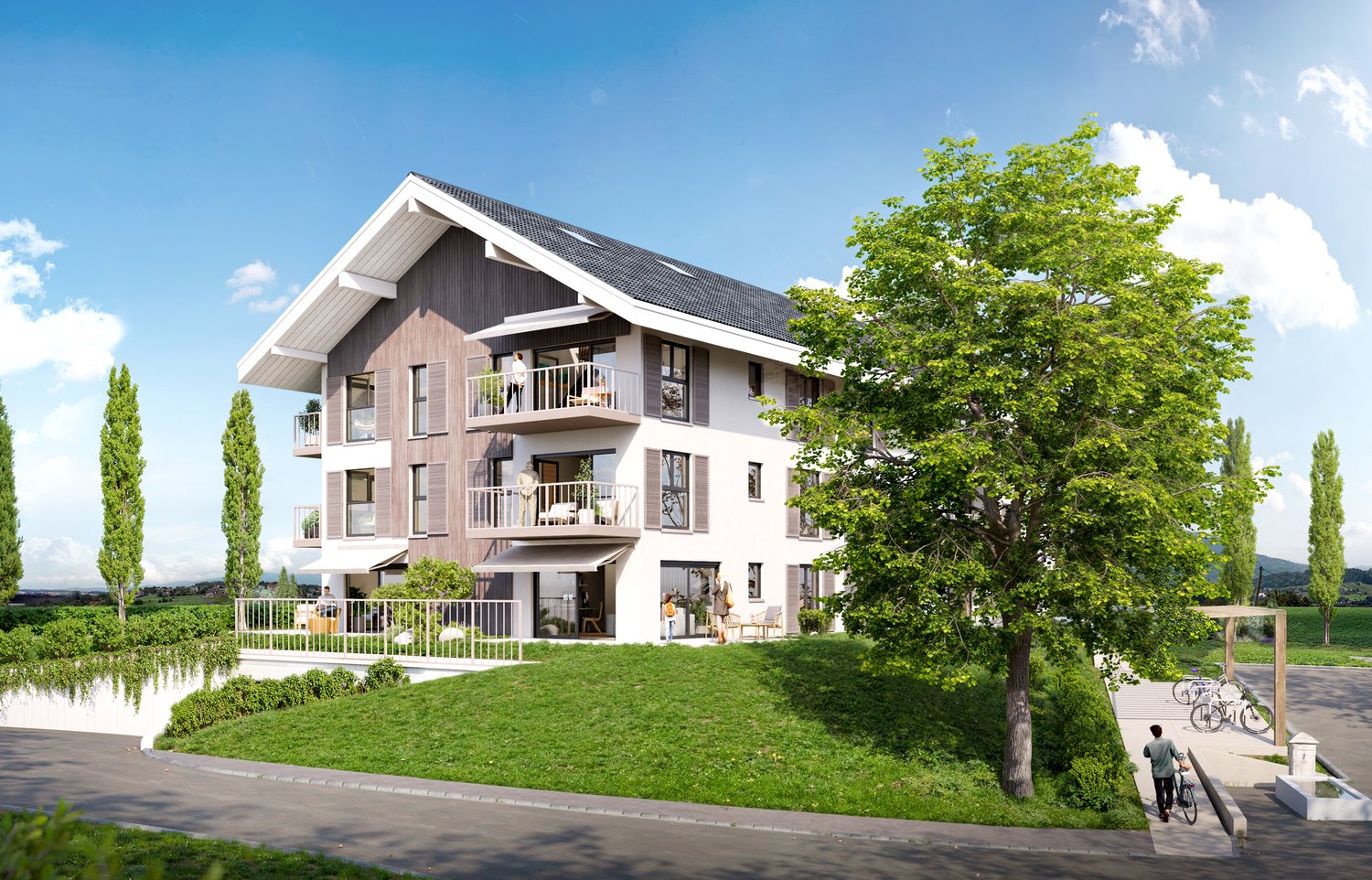 2 story building, brown wooden facade, white windows, balconies, paved pathways, parking lot, green grass