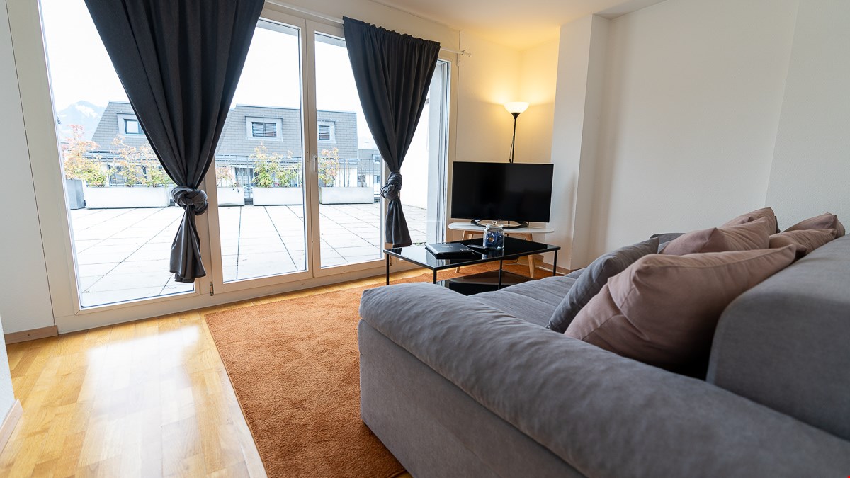 Modern living room with gray sofa, large sliding windows, beige rug, coffee table, and a flat screen TV. Large balcony with planters and a scenic view.