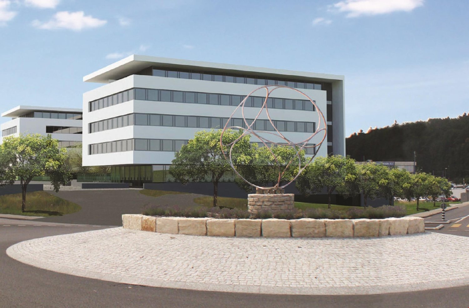 Modern office building, white exterior, glass windows, circular sculpture, landscaping with trees and shrubs, paved entrance.