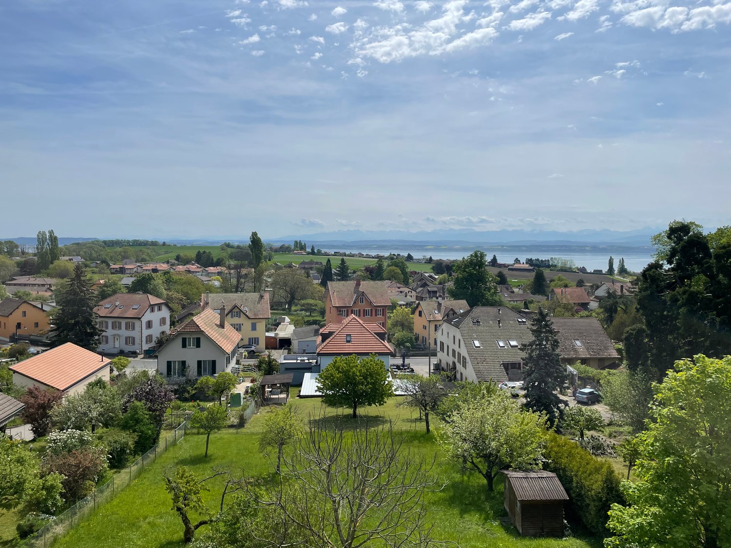 Panoramic view of a village with houses of different sizes and styles, lush greenery, distant mountains and a body of water, blue sky with scattered clouds