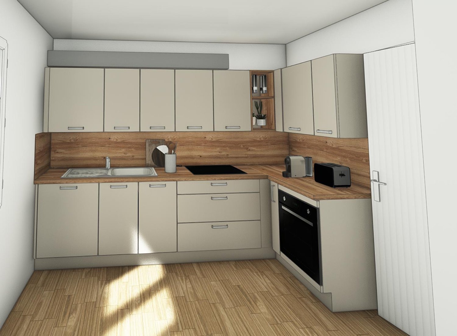 Modern kitchen with wooden cabinets, wooden countertops, gas stove, toaster, dishwasher, and white tiled flooring