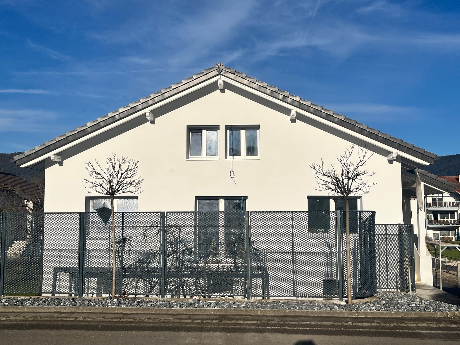 white exterior, black fence, large windows, gray roof, mountains in the background