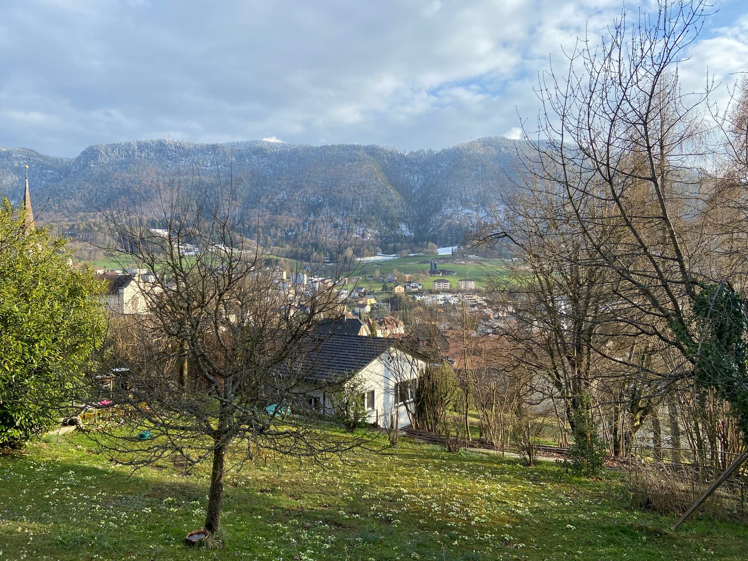 hillside garden with a view of the mountains and the village