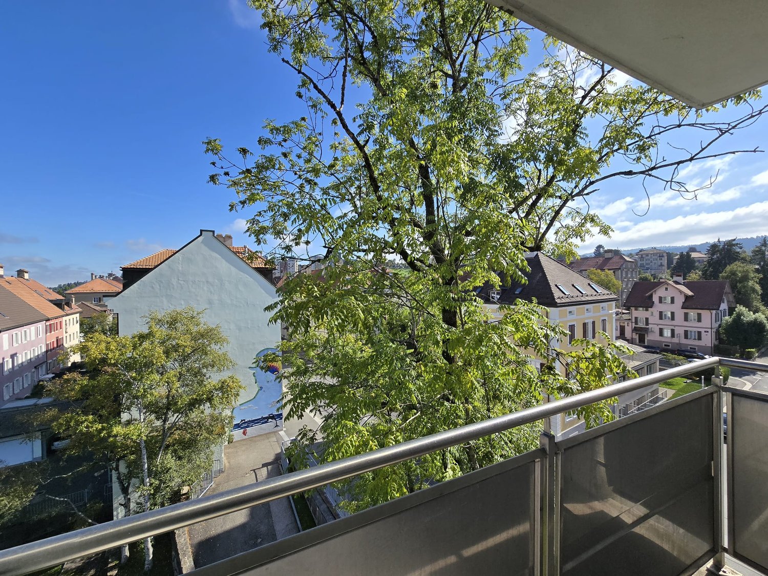 metal railings, green tree, view of surrounding town buildings