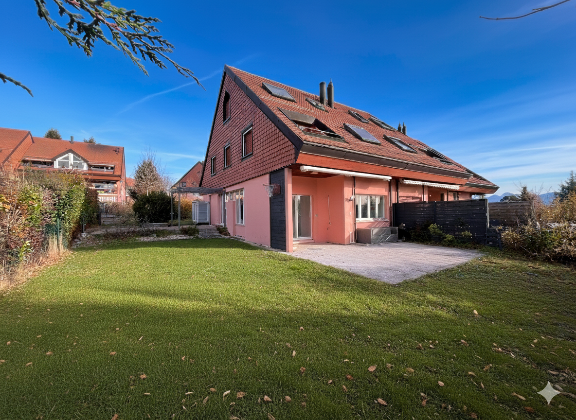 pink exterior, gable roof, raised ground floor, solar panels, lawn, driveway, chimneys