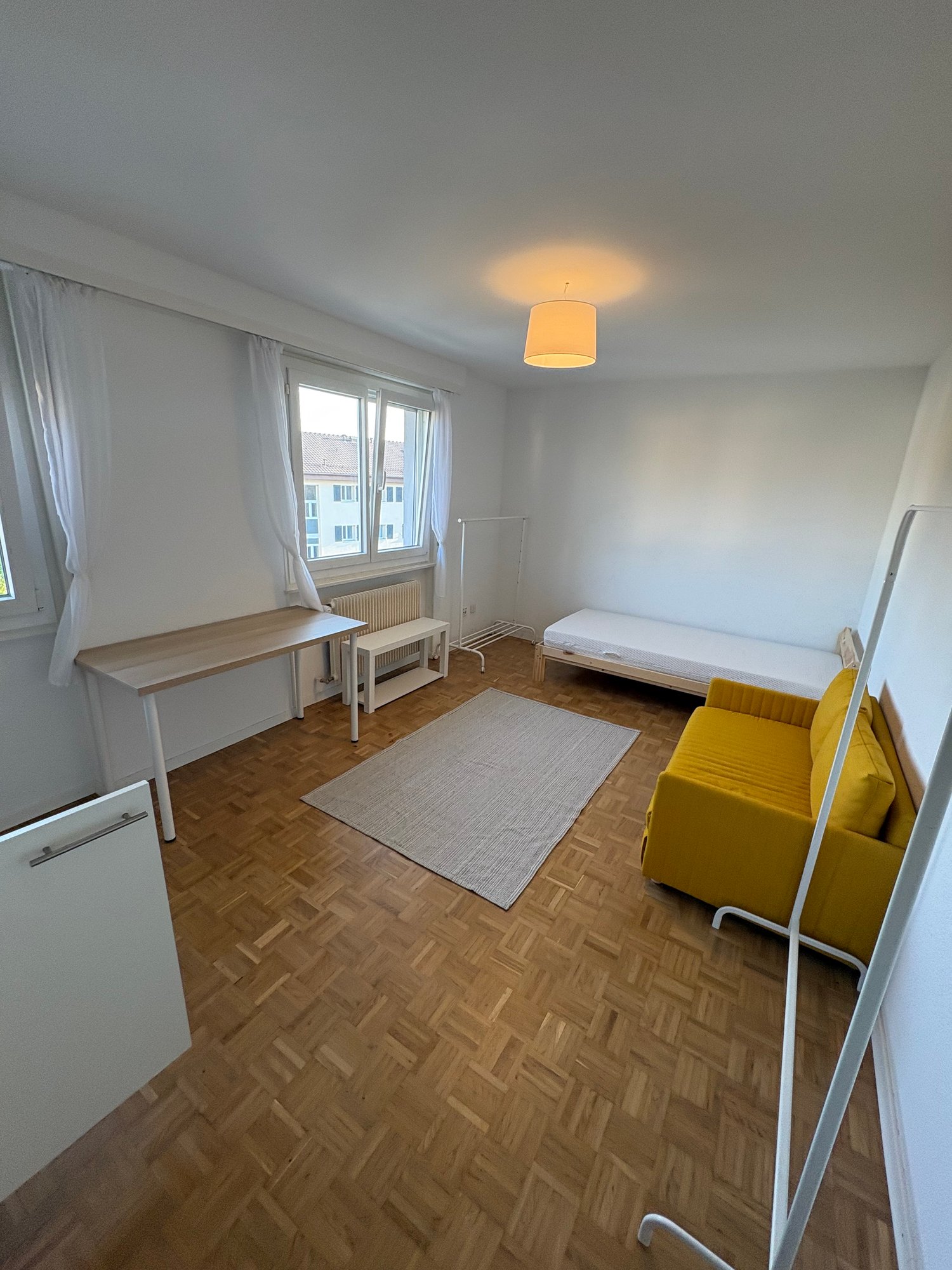 bright room with wooden floor, desk, sofa, small bed, radiator, window, rug