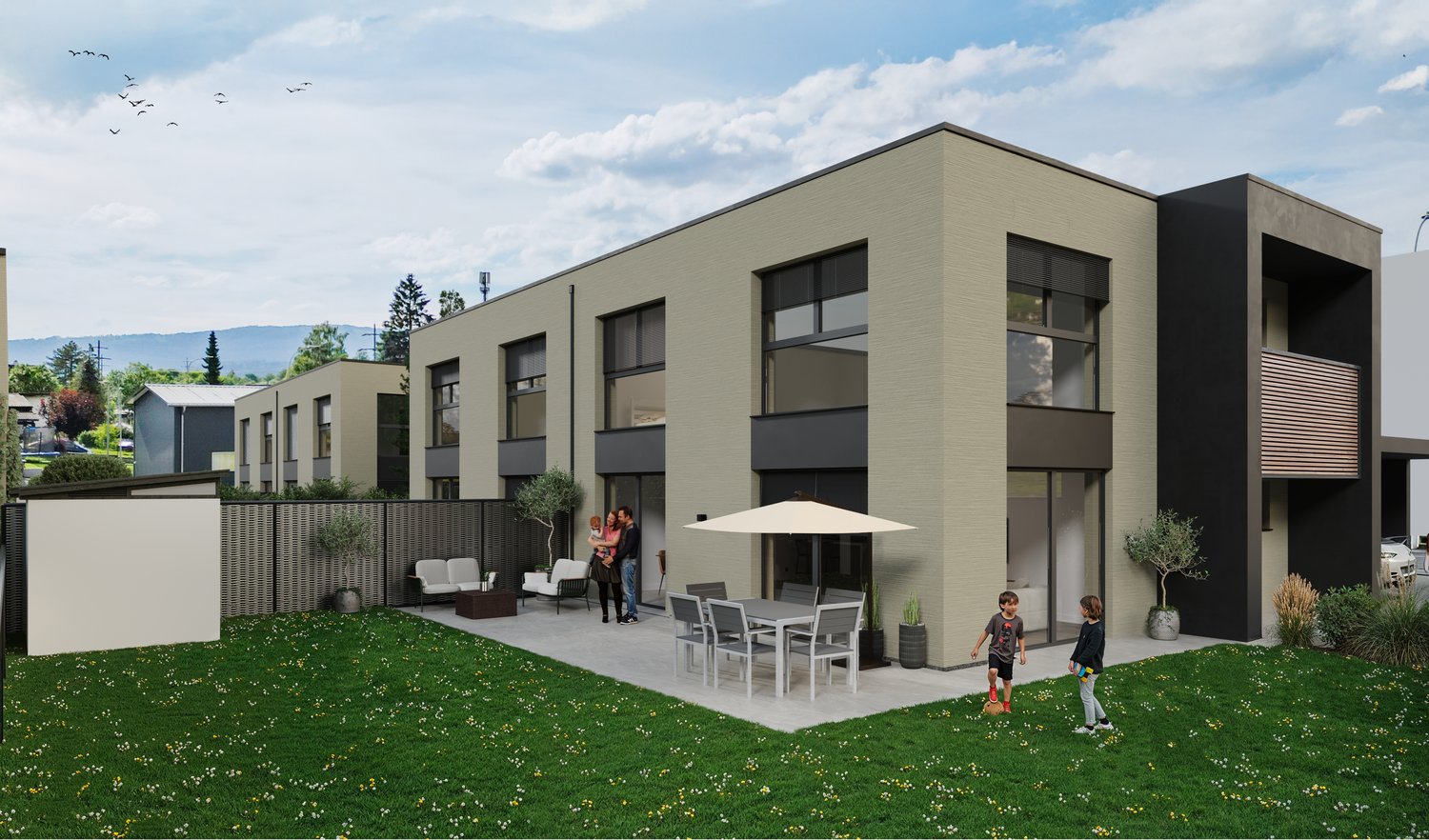 Modern two-story house with a terrace, large windows, and a well-maintained garden