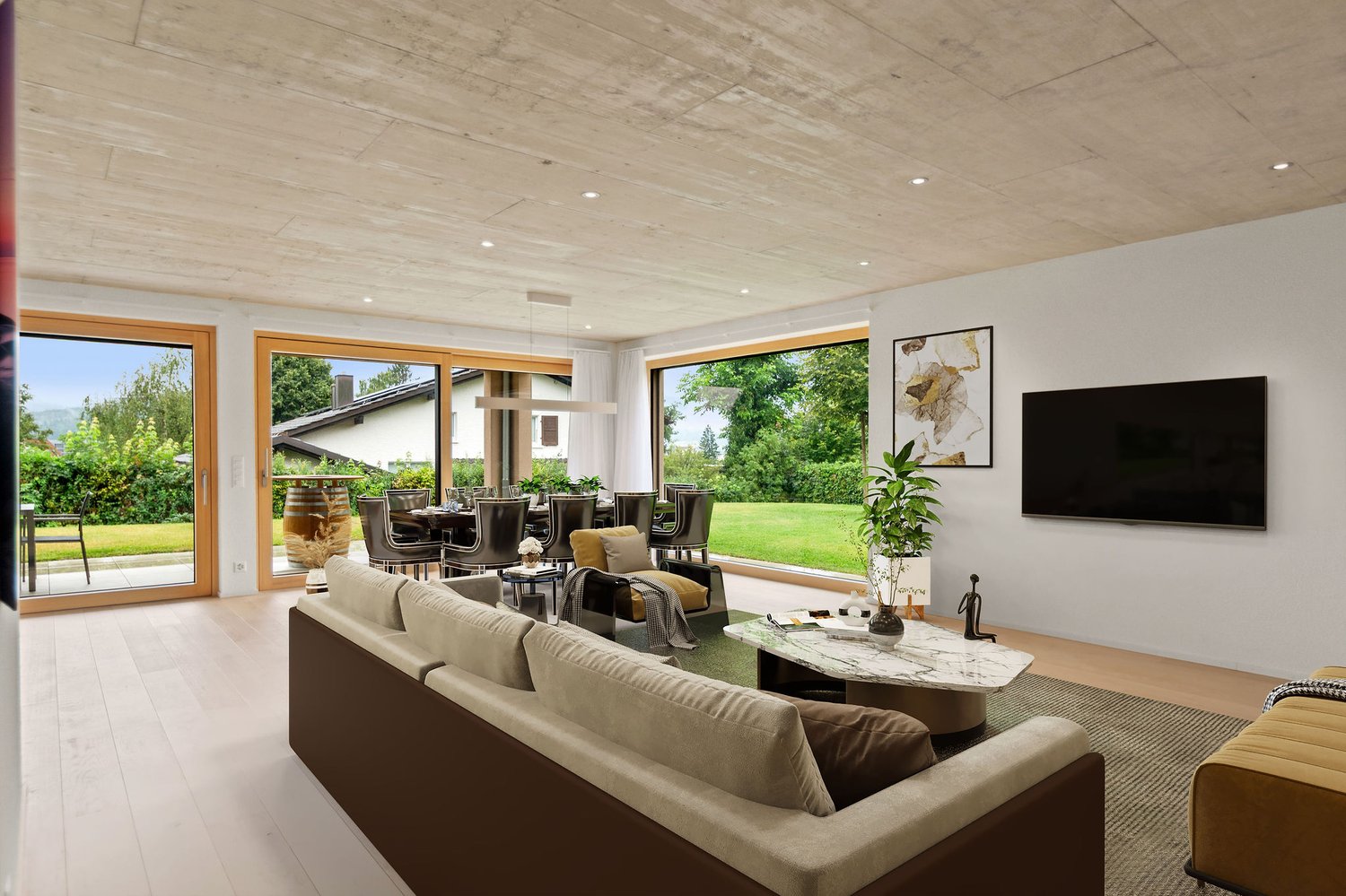 modern open concept living space, hardwood floors, large windows, sliding doors to balcony, dining table, sofas, coffee table, large flat screen TV, artwork, plants, outdoor view of lawn