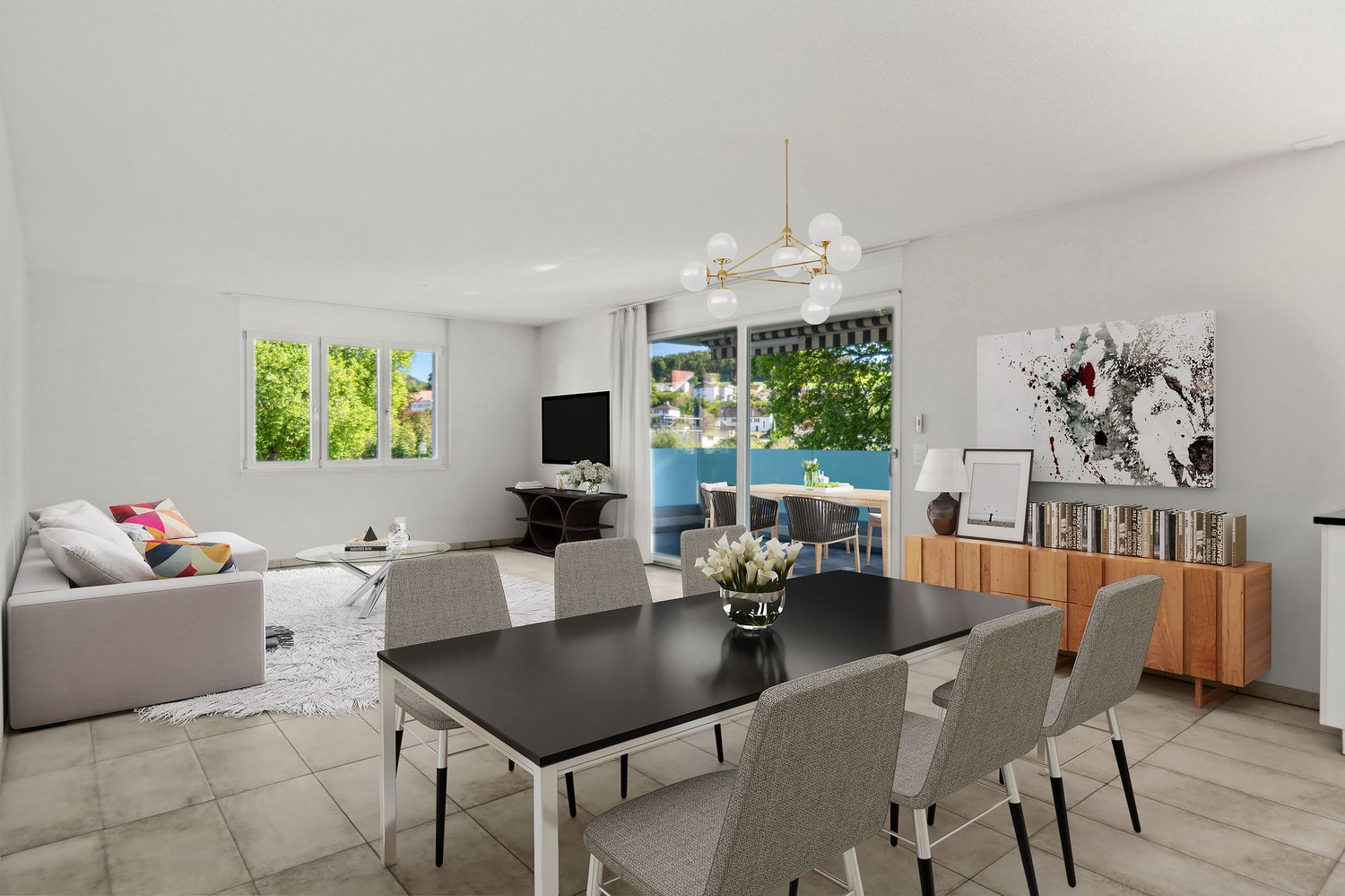 open living room with dining area, large glass windows, terrace, chandelier, wooden floors