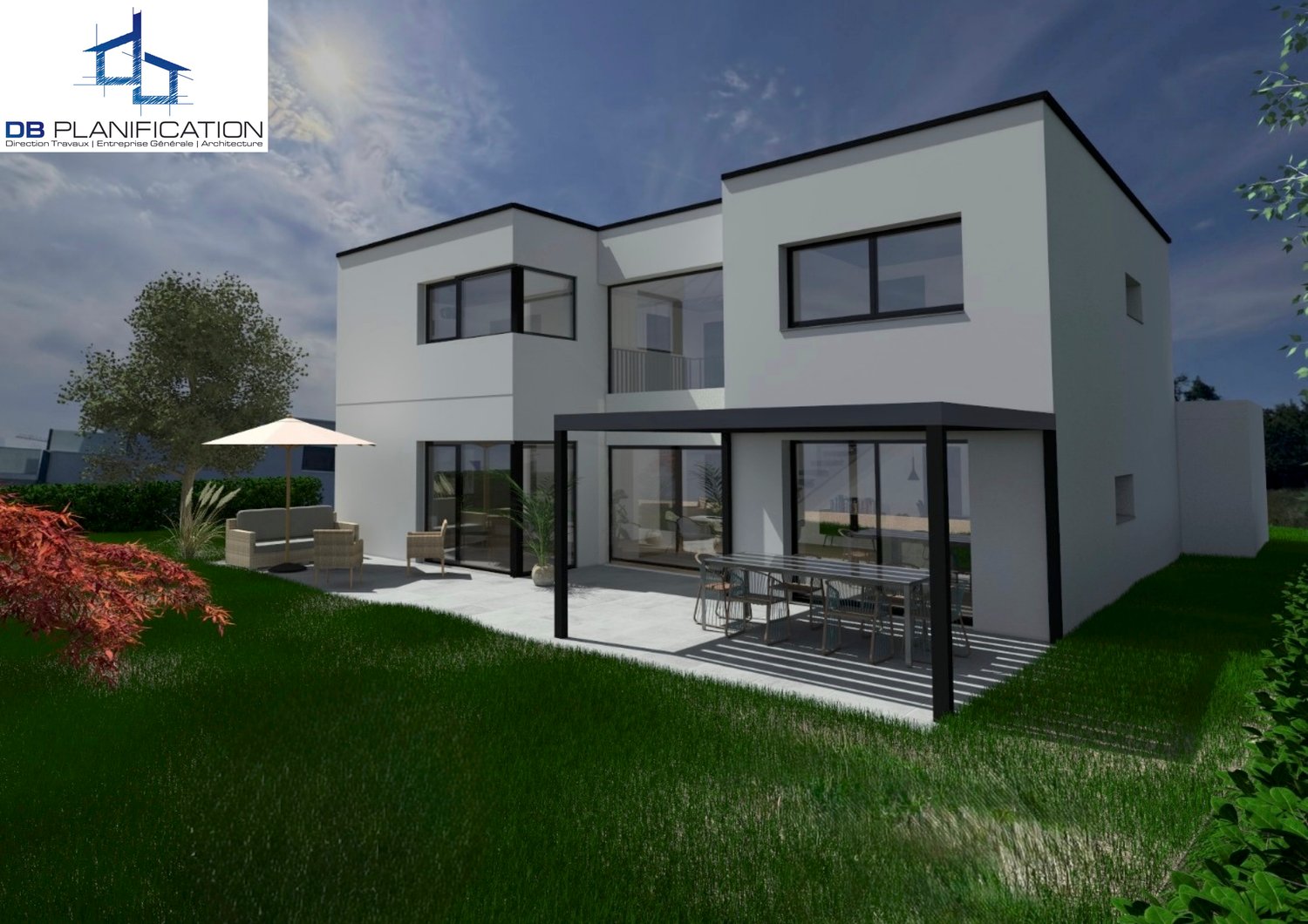 Modern 2 story house, white exterior, black railings, raised ground floor, large windows, patio with a table and chairs, balcony, open plan living space, outdoor umbrella