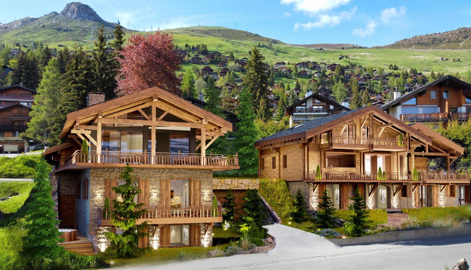 Modern chalet-style design, wooden exterior, stone base, large balconies, outdoor spa tub, surrounded by lush greenery, scenic mountain backdrop