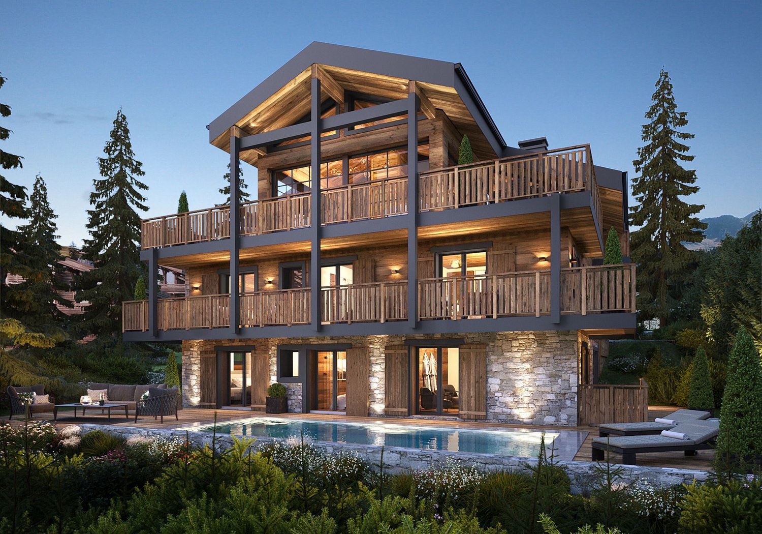 3 story chalet, wood exterior, stone bottom floor, balconies, swimming pool, lounge chairs, outdoor seating