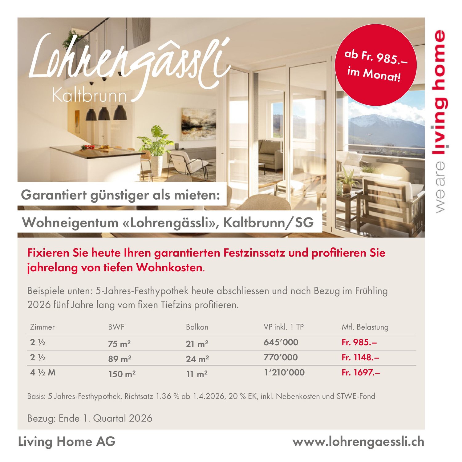 The image shows details of an apartment complex called 'Lohrengässli' in Kaltbrunn/SG. It provides information about the apartment sizes, balcony sizes, and prices starting from CHF 985 per month. The apartments have 2.5, 2.5, and 4.5 rooms with balconies
