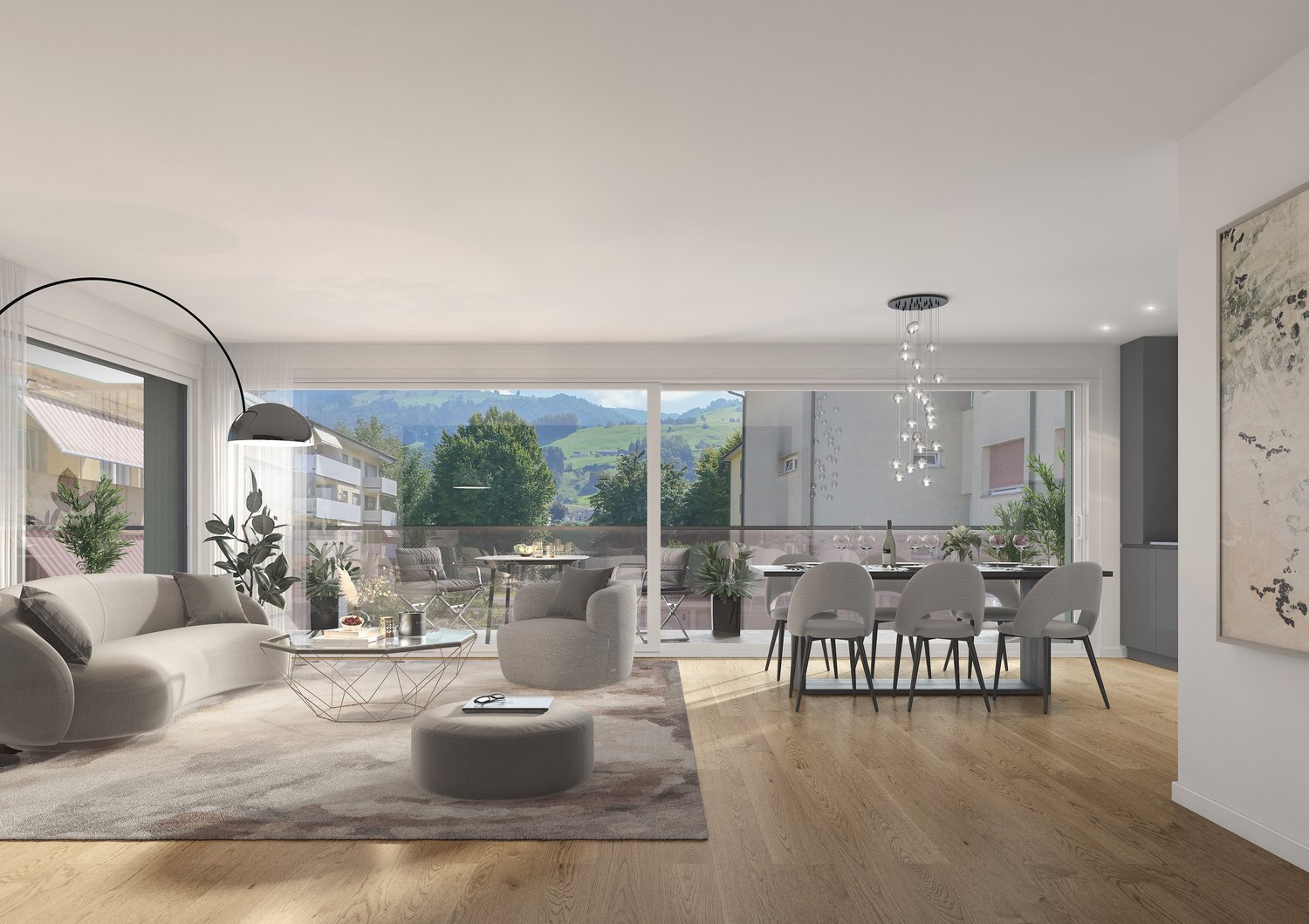 combined living and dining area, large windows, terrace, light hardwood flooring