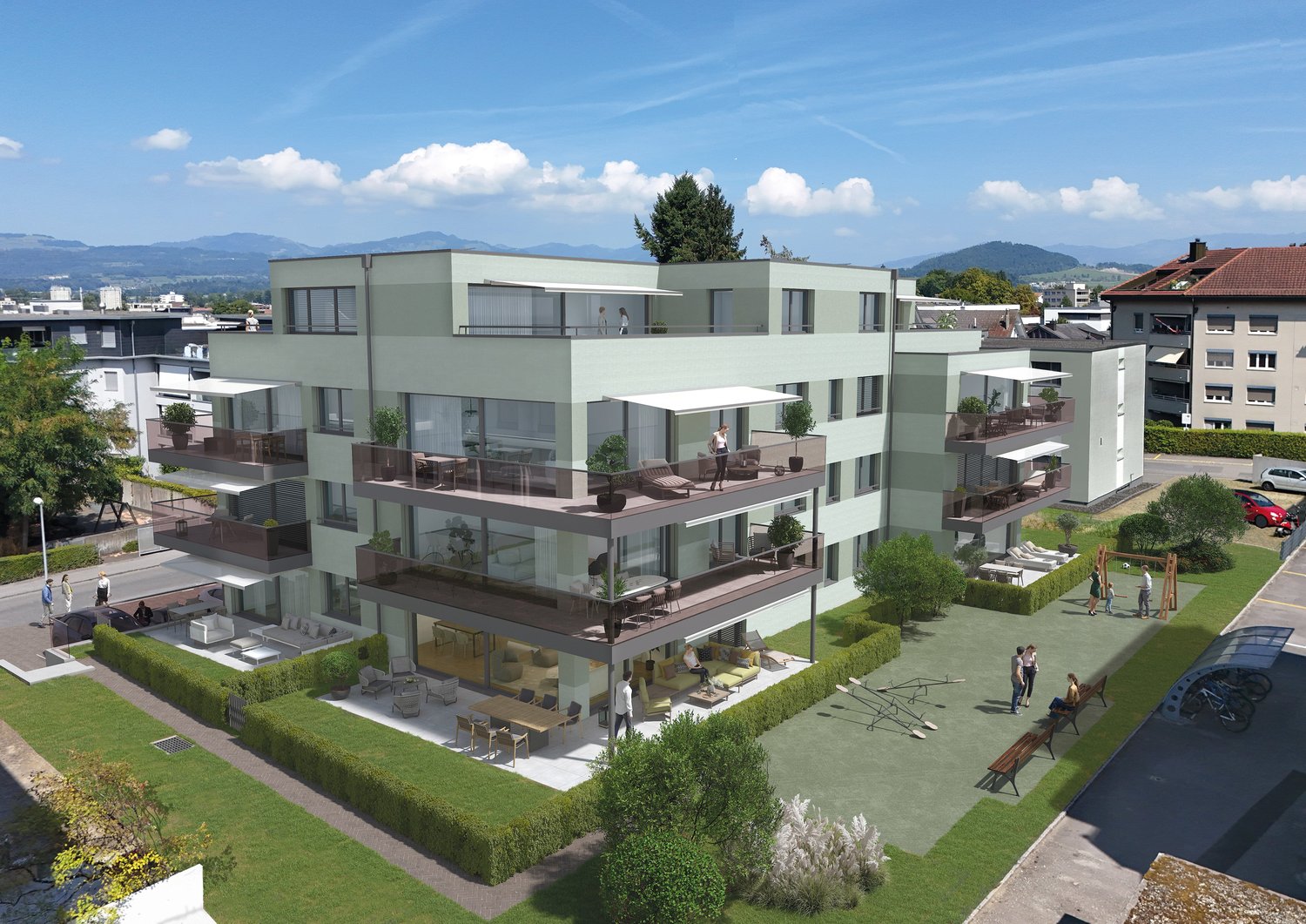 4-story apartment building, balconies, garden, car park, communal areas