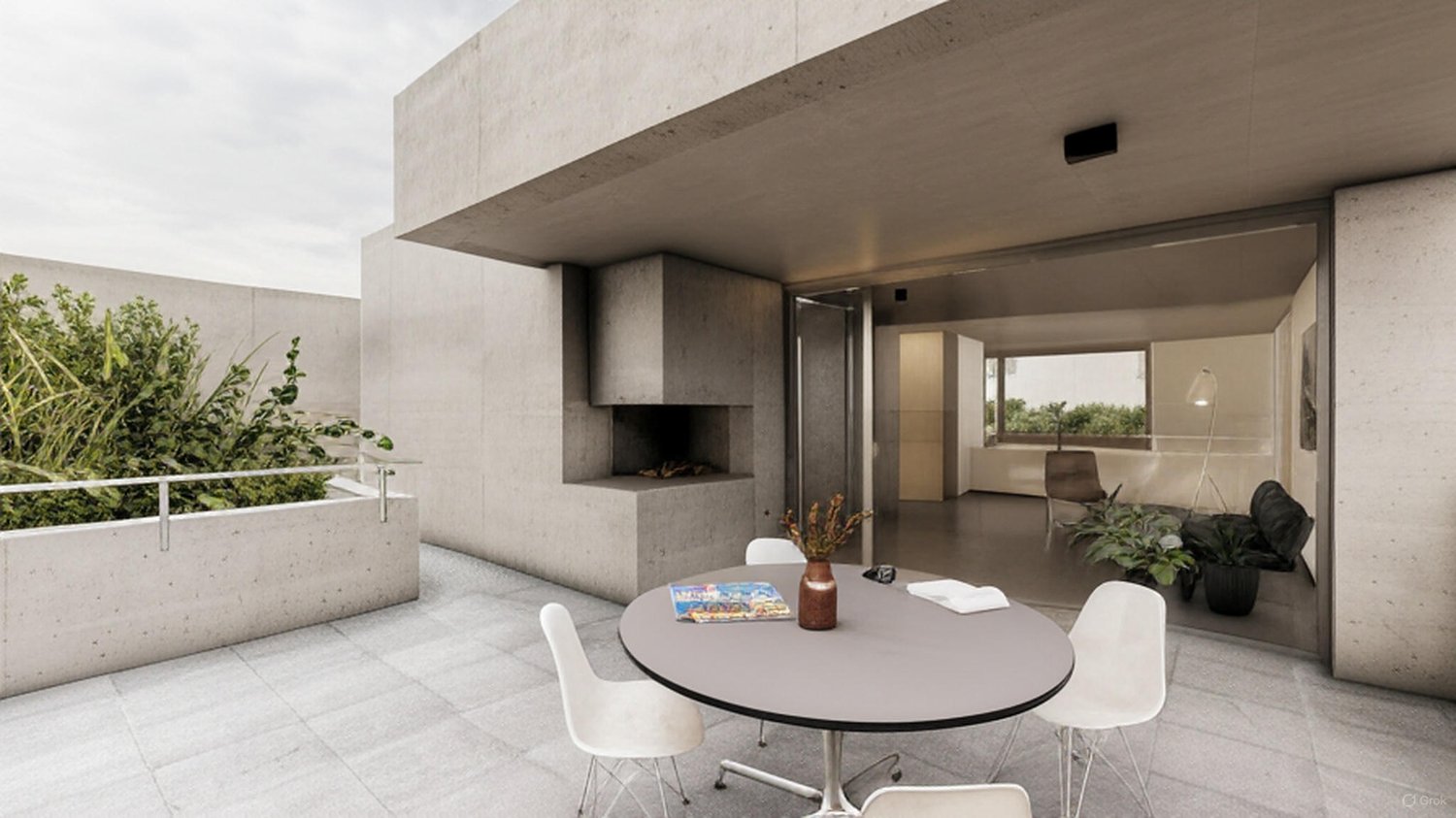 modern, table, chairs, books, plants, fireplace, view of interior