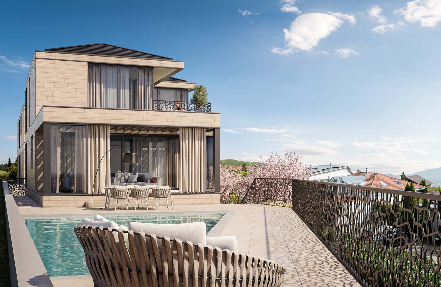 Two-story modern house with a balcony, swimming pool, and outdoor seating area. The house has a stone exterior and large windows. There are cherry blossom trees in the background.