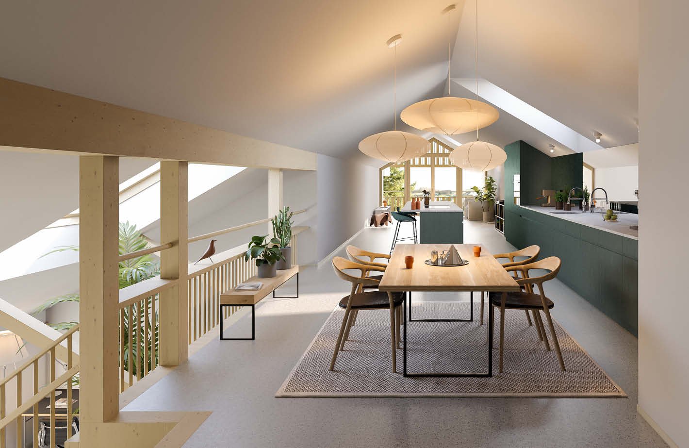 The image shows an open concept living, dining, and kitchen area with a modern and minimalist design. The space features high ceilings, large windows that provide natural light, and a wooden dining table with chairs. The kitchen area has green cabinets an