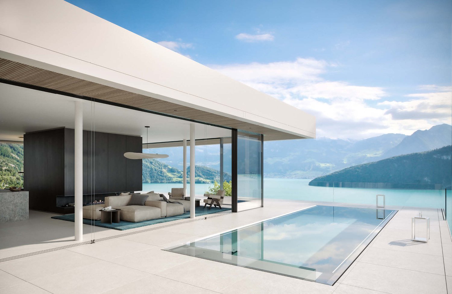 modern architecture, glass walls, outdoor infinity pool, lounge area with fireplace, stunning lake view