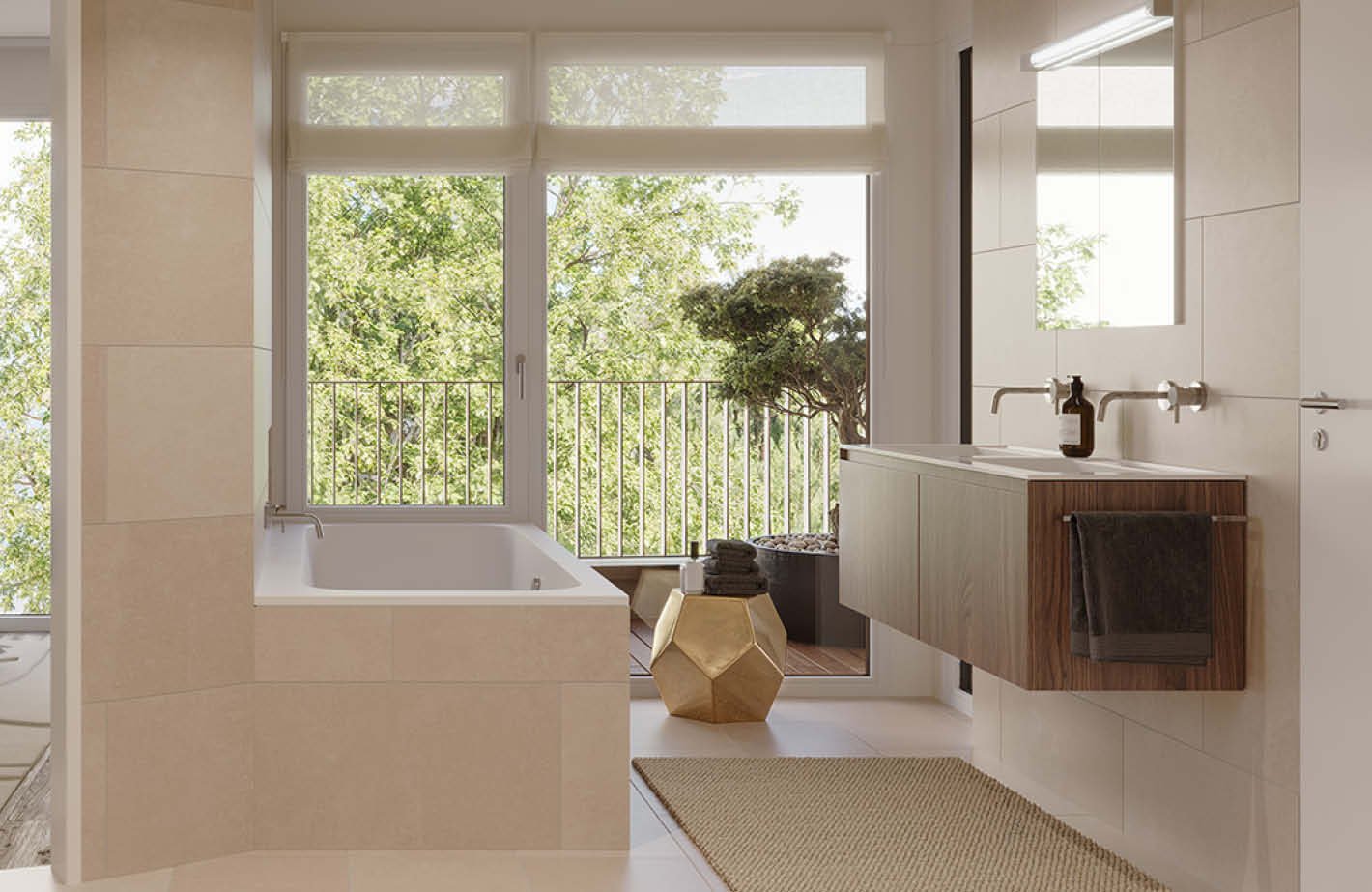 Bathroom with bathtub, sink, mirror, balcony, and window with view of the trees.