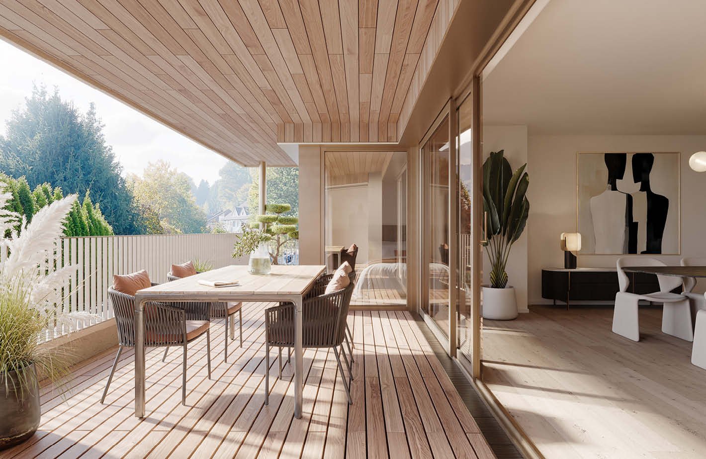 Dining table, chairs, deck chairs, floor-to-ceiling glass walls, ceiling lamp, outdoor plants, distant trees