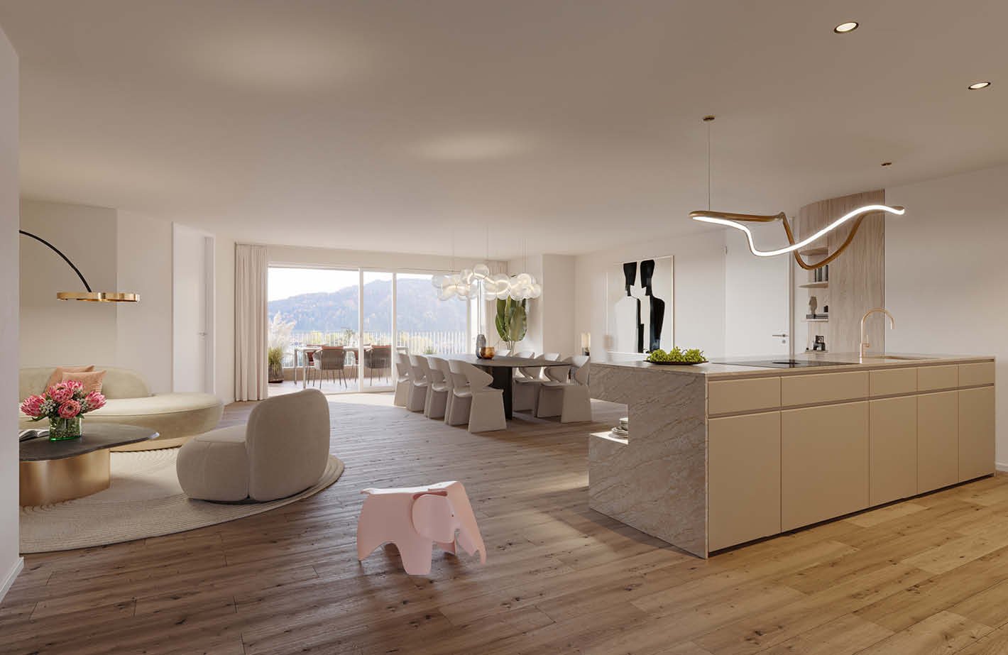 Open floor plan, modern kitchen with marble countertop, living area with dining table, large windows with view, white couches, wooden floors