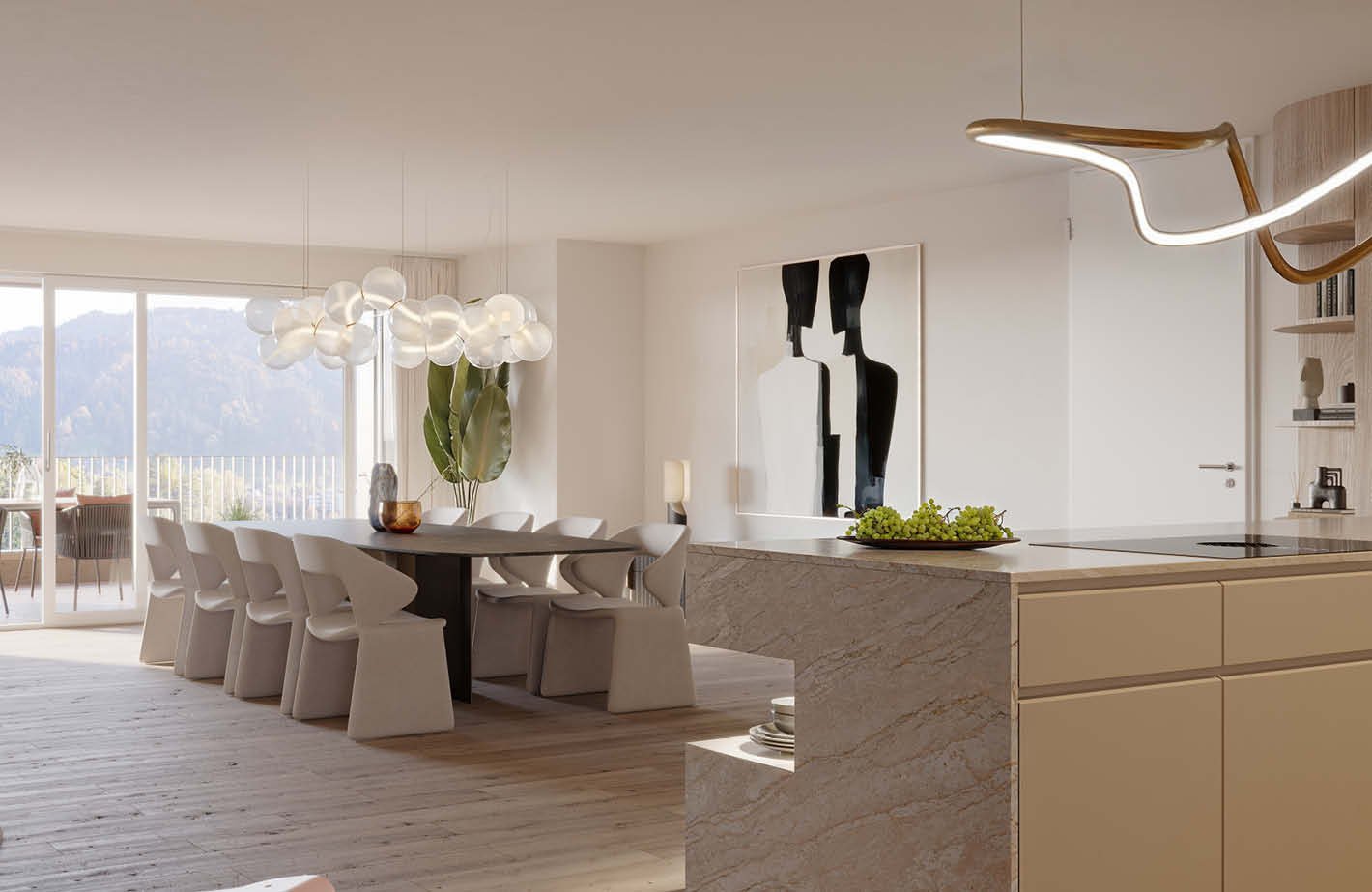 Modern dining room with large table, wooden floor, chandelier, sliding doors to balcony, kitchen island