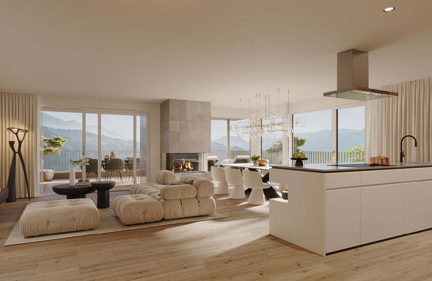 modern open space with large windows, living room, kitchen, fireplace, dining area, balcony