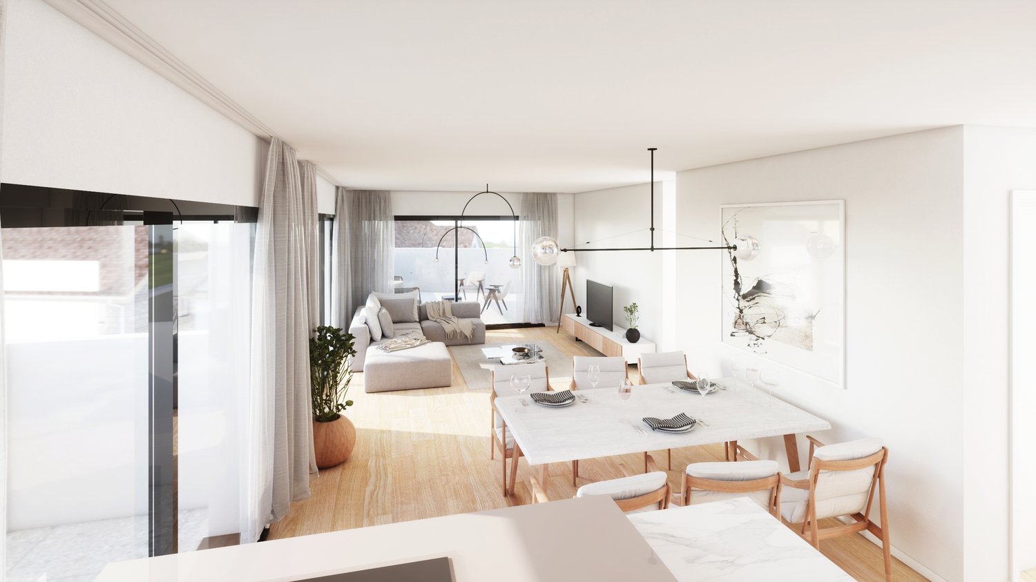 open plan living room with dining area and kitchen, wooden floors, modern style, double height ceiling, large windows