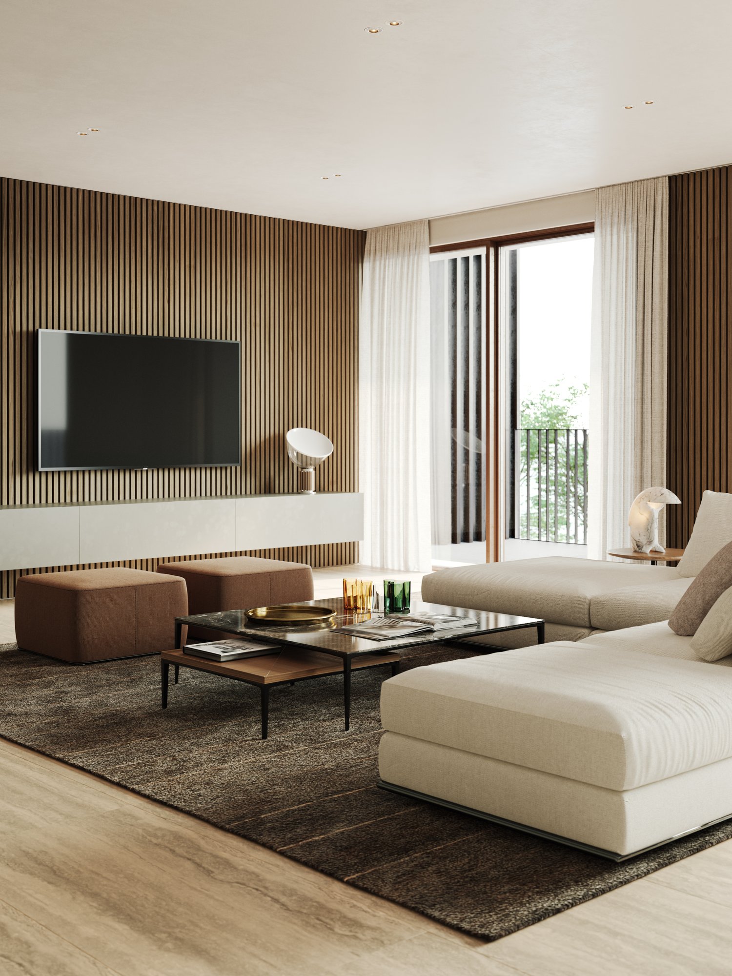 Modern and minimalist living room with wooden wall panels, large TV, white couch, coffee table, carpet, lamps, wooden ottomans, built-in TV shelf, glass window with balcony access